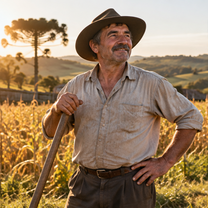 Agricultor em uma plantação ao entardecer