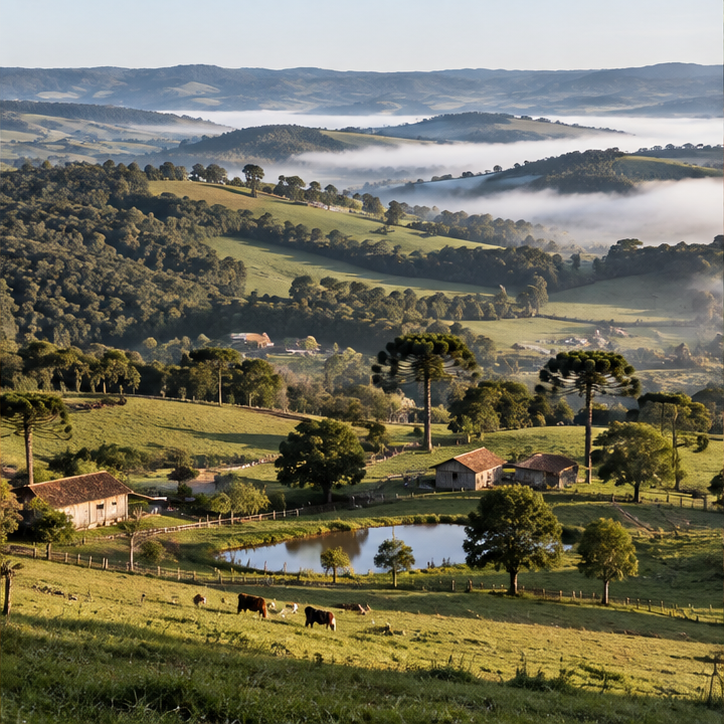 Paisagem rural de Chuvisca entre vales e lavouras